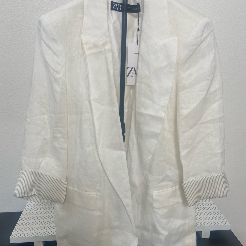 Zara White Blazer with Striped Cuffs